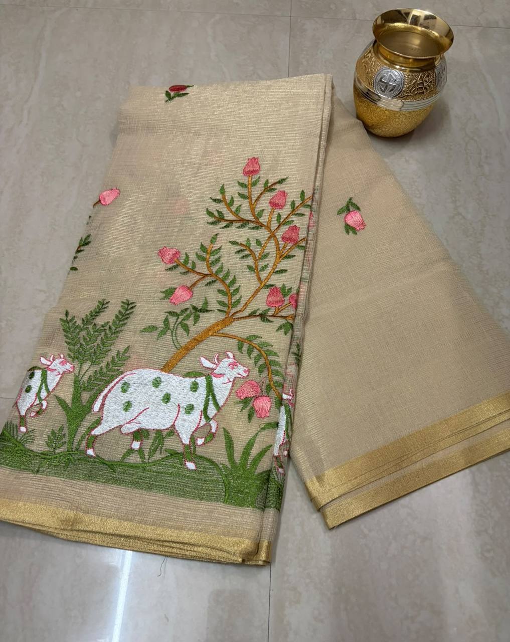 Beige Cow kota Cotton Saree